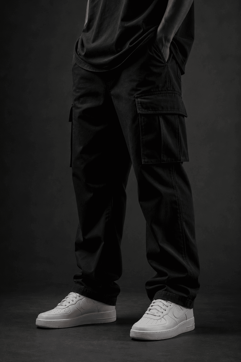Black cargo pants styled with white sneakers